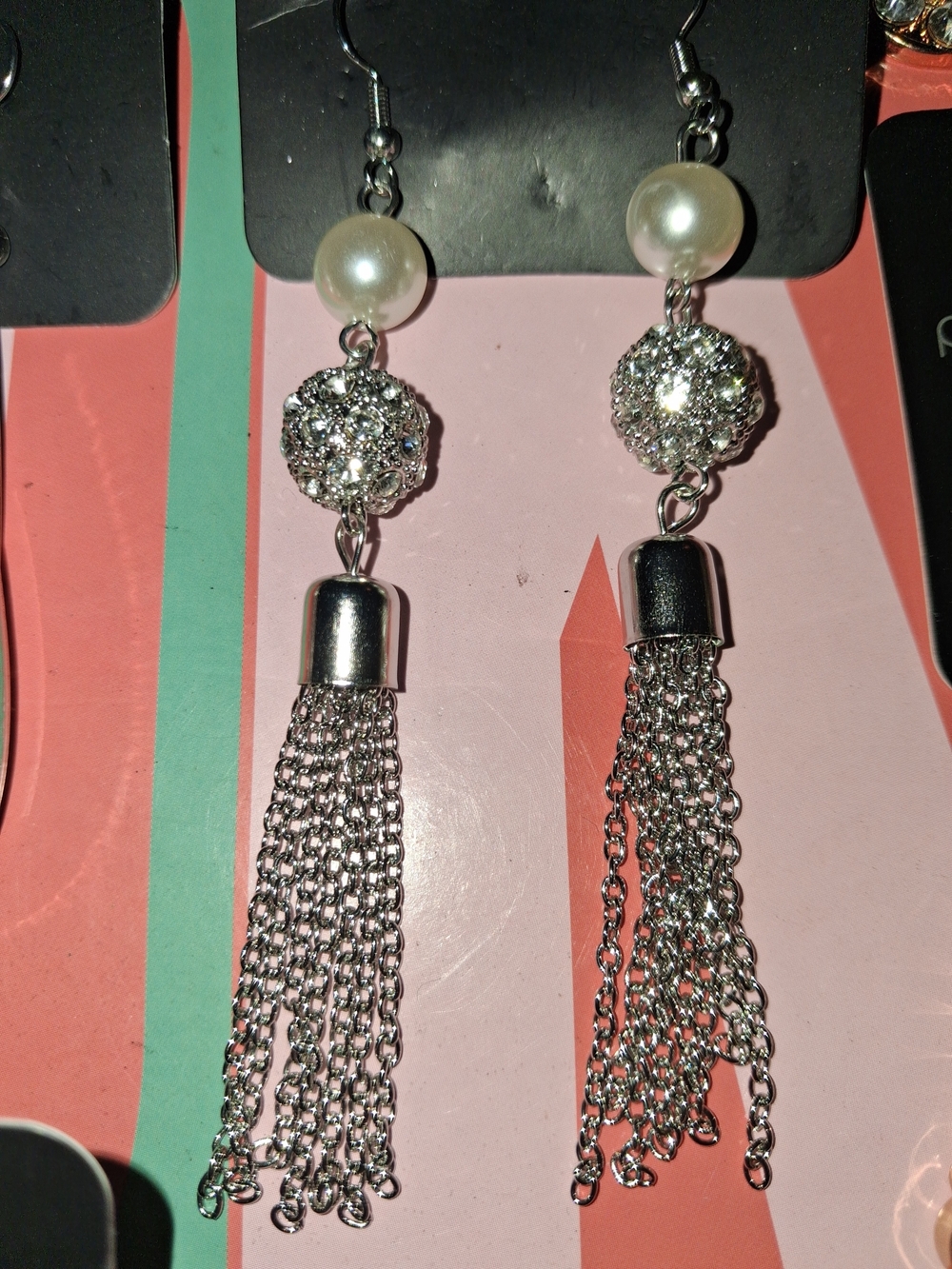 paparazzi Silver Pearl & Crystal Tassel Drop Earrings